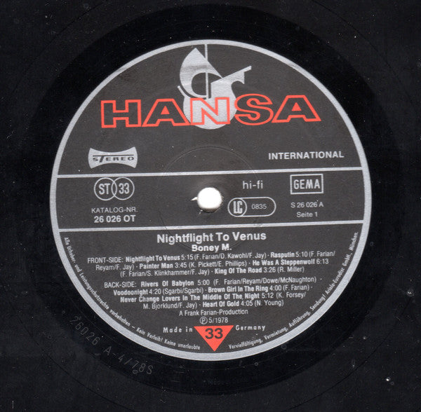 Boney M. : Nightflight To Venus (LP, Album, Sec)