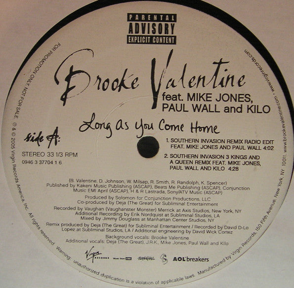 Brooke Valentine : Long As You Come Home (12", Promo)