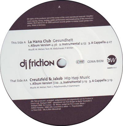 DJ Friction (2) Feat. La Hana Club / Creutzfeld & Jakob : Gesundheit / Hip Hop Music (12")