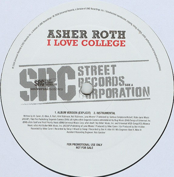 Asher Roth : I Love College (12", Promo)