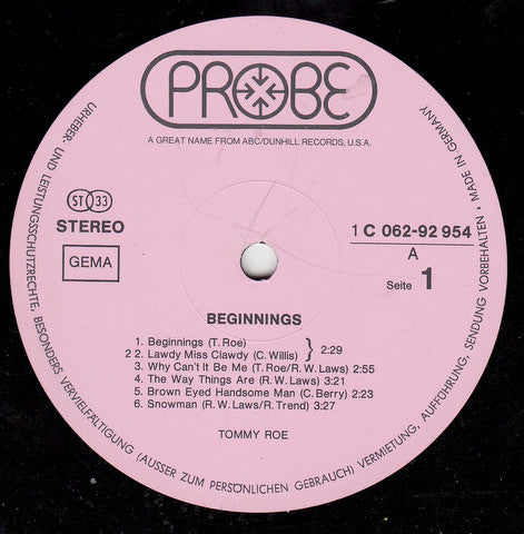 Tommy Roe : Beginnings (LP, Album)