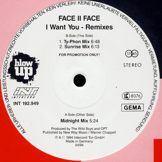 Face II Face : I Want You (Remixes) (12", Promo)