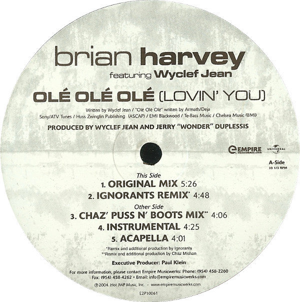 Brian Harvey Feat. Wyclef Jean : Olé, Olé, Olé (Lovin' You) (12", Single)